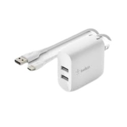 Belkin - Cargador de pared - 24 vatios - 4.8 A - 2 conectores de salida (2 x USB) - en el cable: USB-C